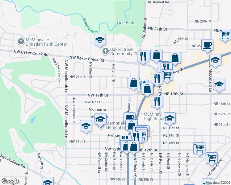 map of restaurants, bars, coffee shops, grocery stores, and more near 305 Northwest 19th Street in McMinnville