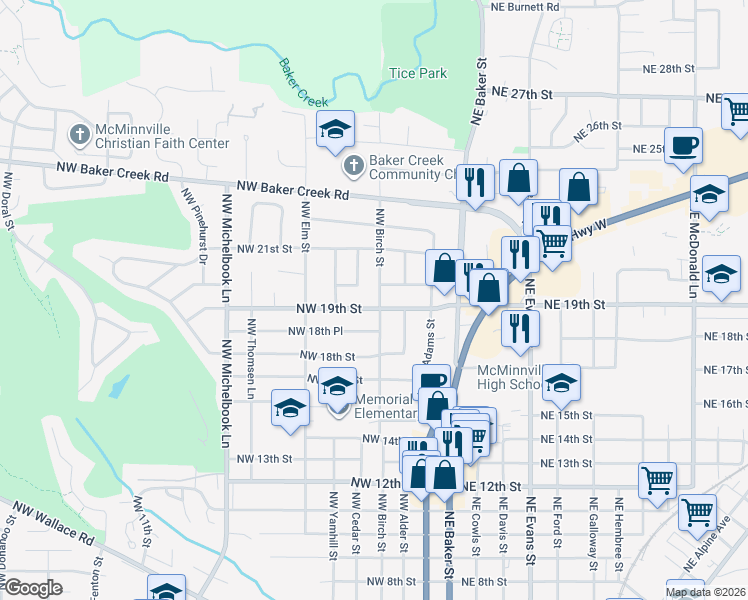 map of restaurants, bars, coffee shops, grocery stores, and more near 305 Northwest 19th Street in McMinnville