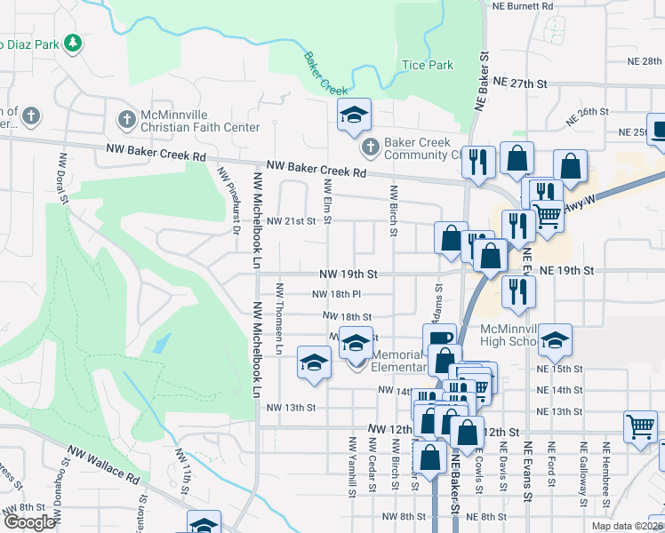 map of restaurants, bars, coffee shops, grocery stores, and more near 549 Northwest 19th Street in McMinnville