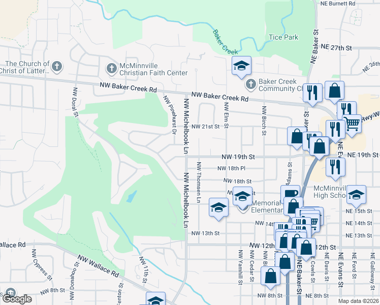 map of restaurants, bars, coffee shops, grocery stores, and more near 833 Northwest 19th Street in McMinnville