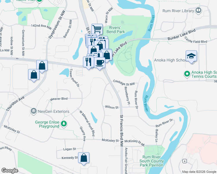 map of restaurants, bars, coffee shops, grocery stores, and more near 3800 East Mineral Pond Boulevard in Anoka