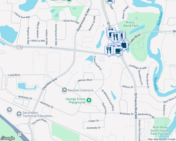 map of restaurants, bars, coffee shops, grocery stores, and more near 3748 Edith Patch Drive in Anoka