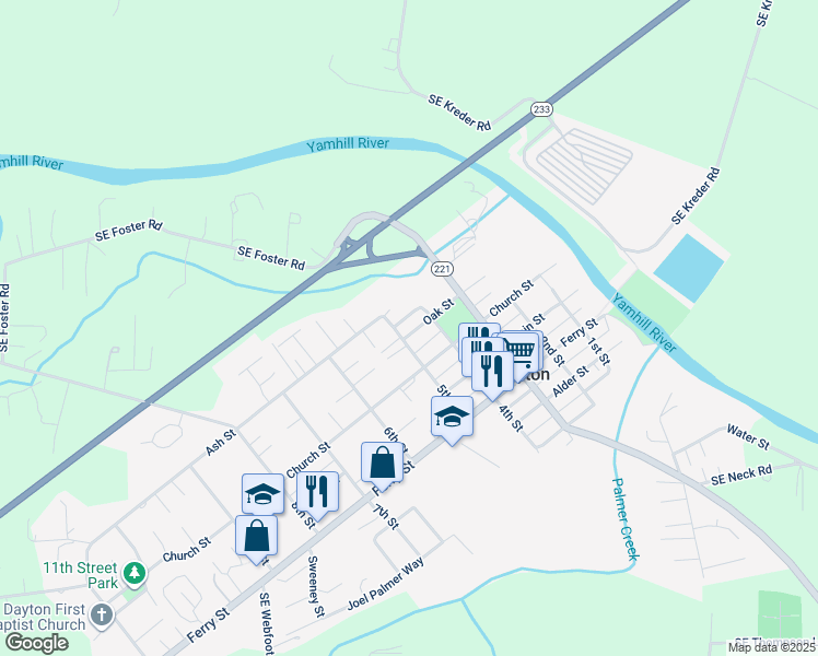 map of restaurants, bars, coffee shops, grocery stores, and more near 409 Oak Street in Dayton