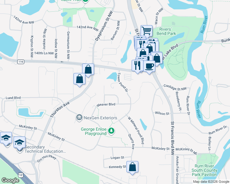 map of restaurants, bars, coffee shops, grocery stores, and more near 3748 Edith Patch Dr in Anoka