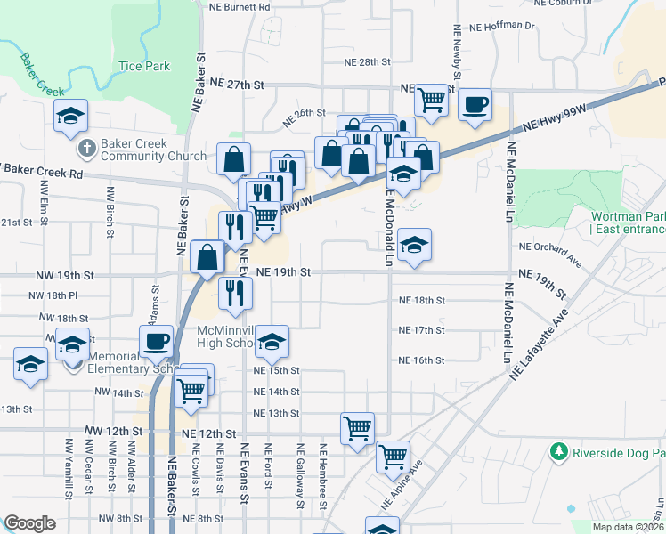 map of restaurants, bars, coffee shops, grocery stores, and more near 815 Northeast 19th Street in McMinnville