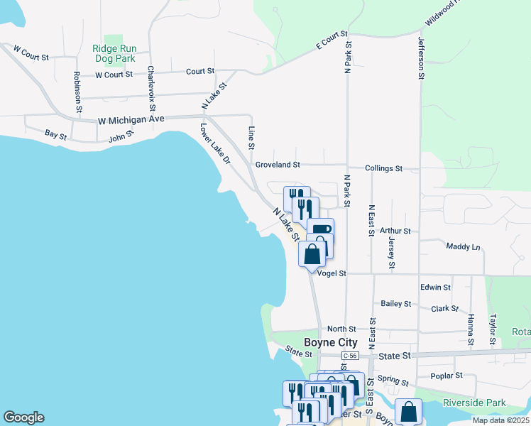 map of restaurants, bars, coffee shops, grocery stores, and more near 615 North Lake Street in Boyne City