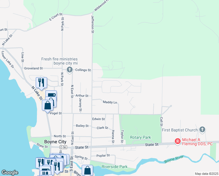 map of restaurants, bars, coffee shops, grocery stores, and more near 7 Maddy Lane in Boyne City