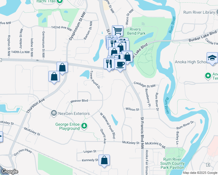 map of restaurants, bars, coffee shops, grocery stores, and more near 3807 Weaver Court in Anoka