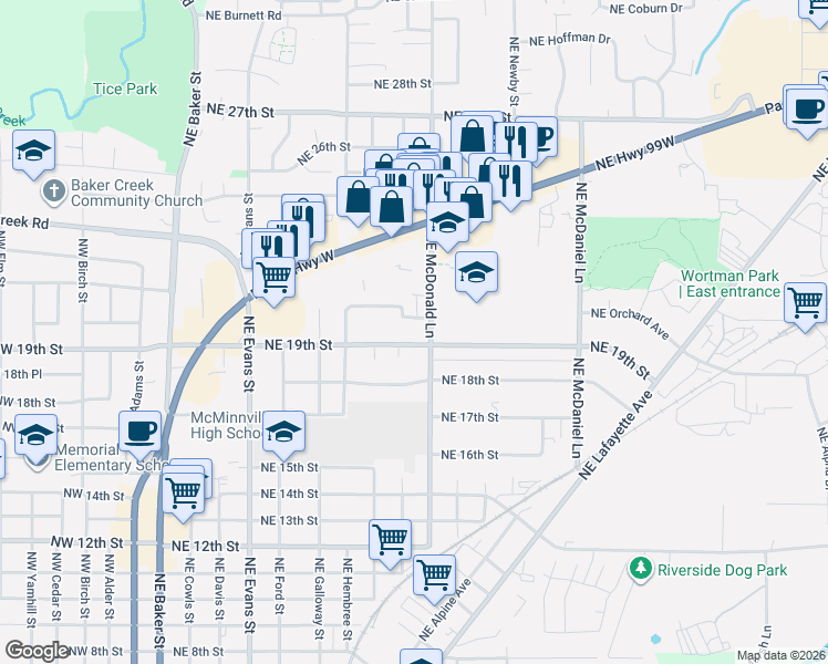 map of restaurants, bars, coffee shops, grocery stores, and more near 1070 Northeast 19th Street in McMinnville
