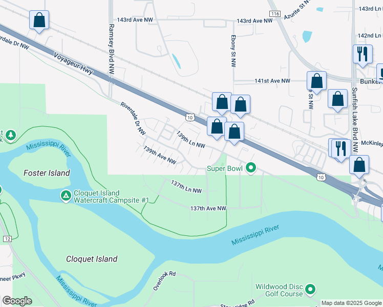 map of restaurants, bars, coffee shops, grocery stores, and more near 6902 139th Lane Northwest in Ramsey