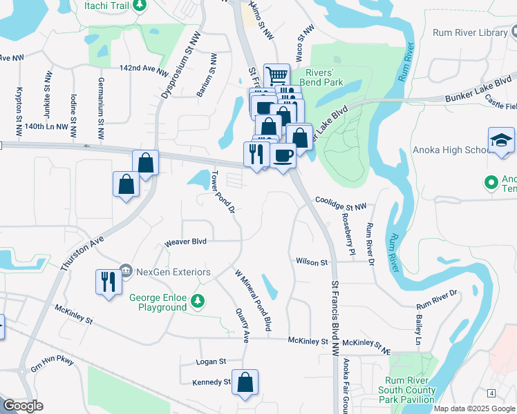 map of restaurants, bars, coffee shops, grocery stores, and more near 3807 Weaver Court in Anoka