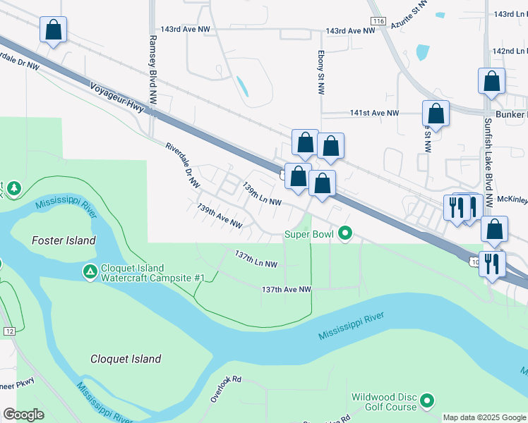map of restaurants, bars, coffee shops, grocery stores, and more near 6902 139th Lane Northwest in Ramsey