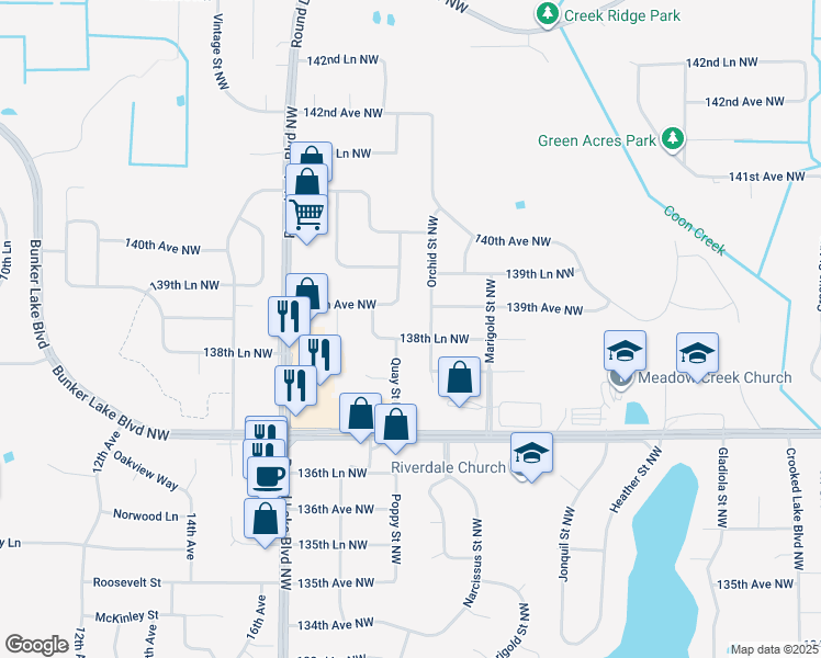 map of restaurants, bars, coffee shops, grocery stores, and more near 13833 Quay Street Northwest in Andover