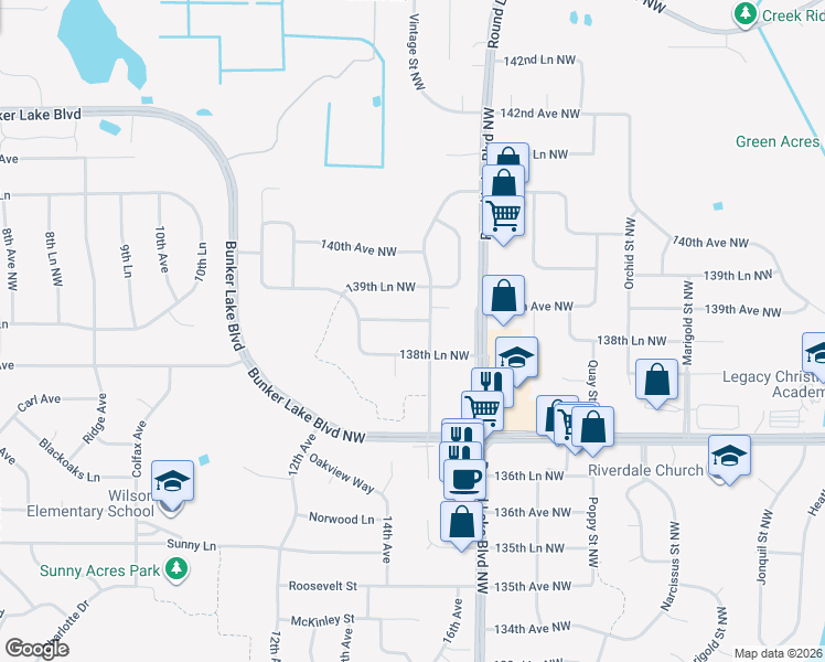 map of restaurants, bars, coffee shops, grocery stores, and more near 3705 138th Lane Northwest in Andover