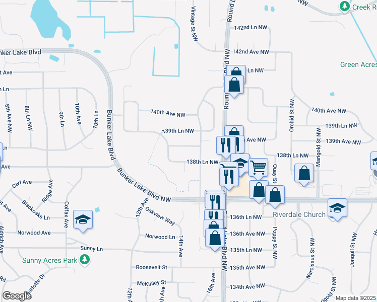 map of restaurants, bars, coffee shops, grocery stores, and more near 3705 138th Lane Northwest in Andover