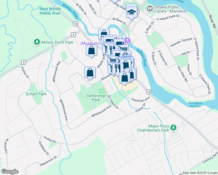 map of restaurants, bars, coffee shops, grocery stores, and more near 52 Village Walk Private in Ottawa