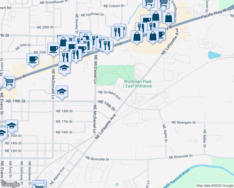 map of restaurants, bars, coffee shops, grocery stores, and more near 1935 Northeast Orchard Avenue in McMinnville