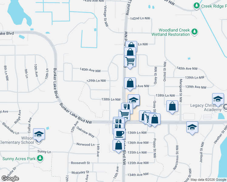map of restaurants, bars, coffee shops, grocery stores, and more near 13828 Round Lake Boulevard Northwest in Andover
