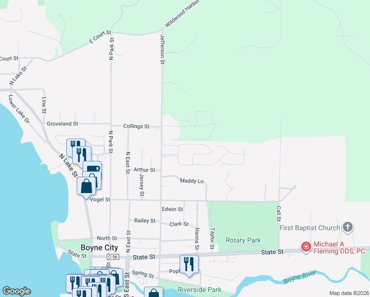 map of restaurants, bars, coffee shops, grocery stores, and more near 7 Maddy Lane in Boyne City