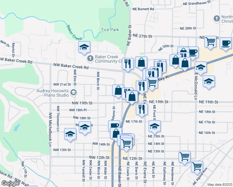 map of restaurants, bars, coffee shops, grocery stores, and more near 2105 Northeast Baker Street in McMinnville