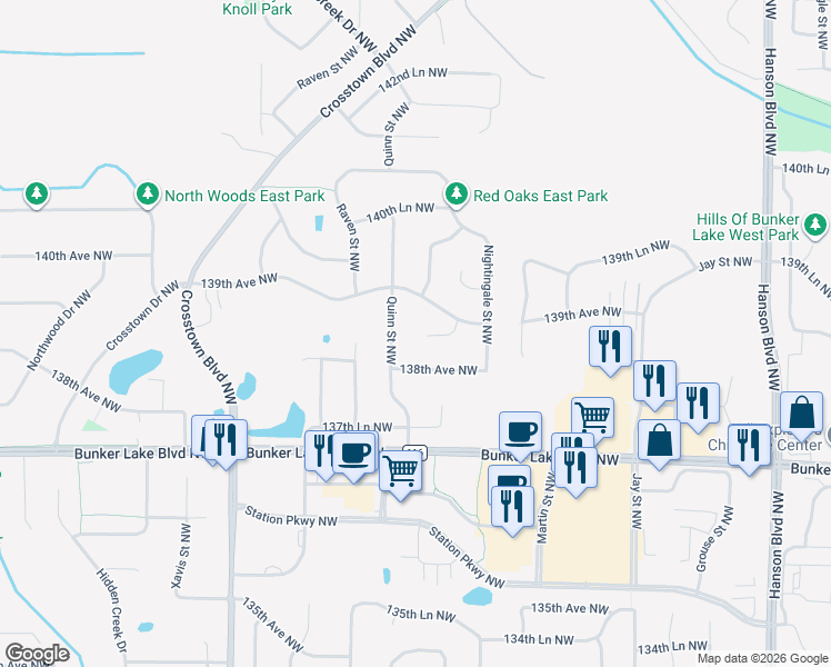 map of restaurants, bars, coffee shops, grocery stores, and more near 2116 139th Avenue Northwest in Andover