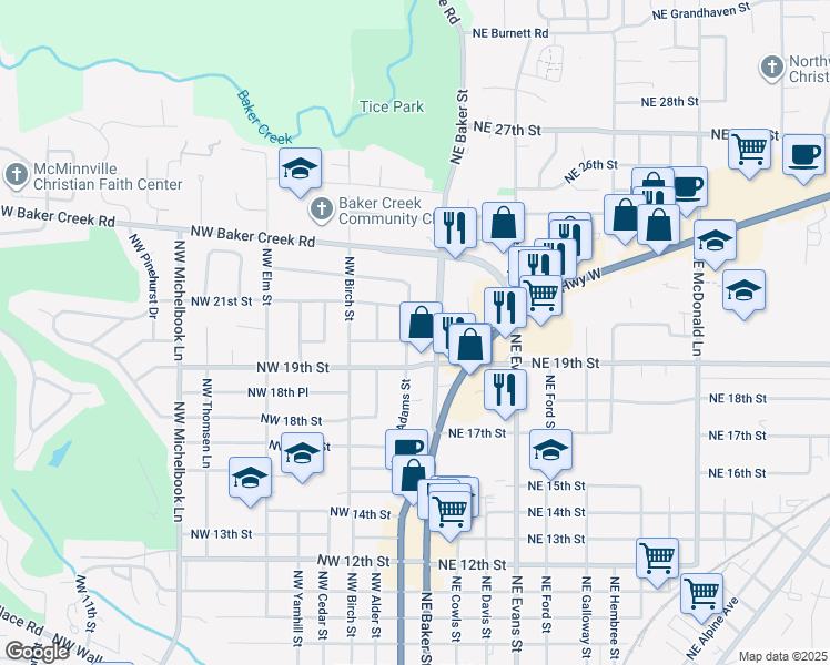 map of restaurants, bars, coffee shops, grocery stores, and more near 2105 Northeast Baker Street in McMinnville