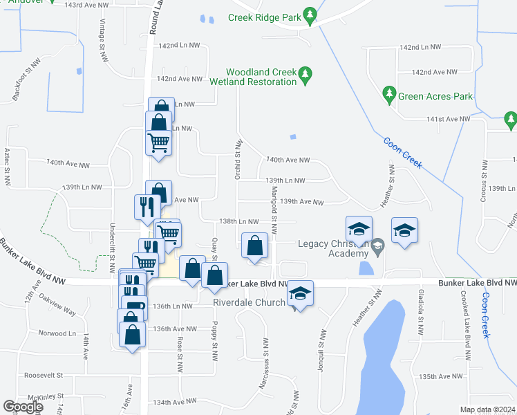 map of restaurants, bars, coffee shops, grocery stores, and more near 3324 139th Avenue Northwest in Andover