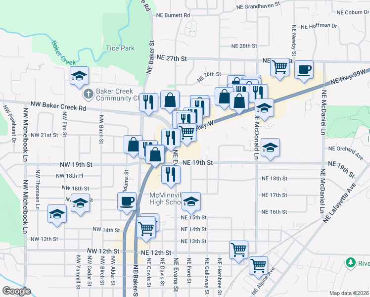 map of restaurants, bars, coffee shops, grocery stores, and more near 540 Oregon 99W in McMinnville