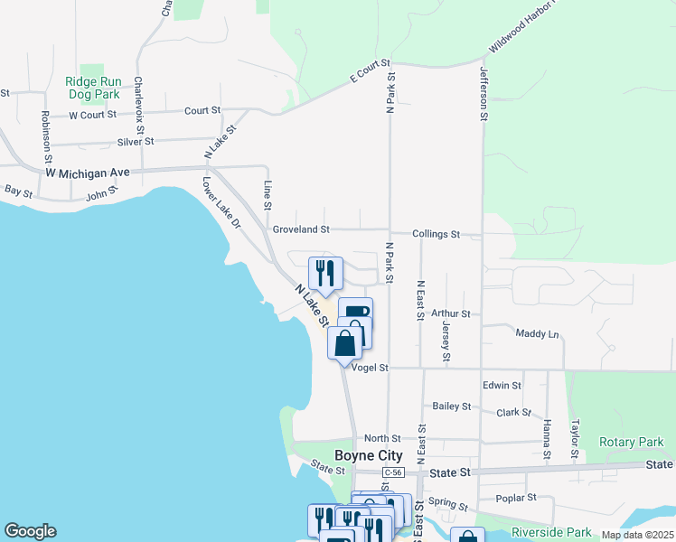map of restaurants, bars, coffee shops, grocery stores, and more near 526 North Lake Street in Boyne City