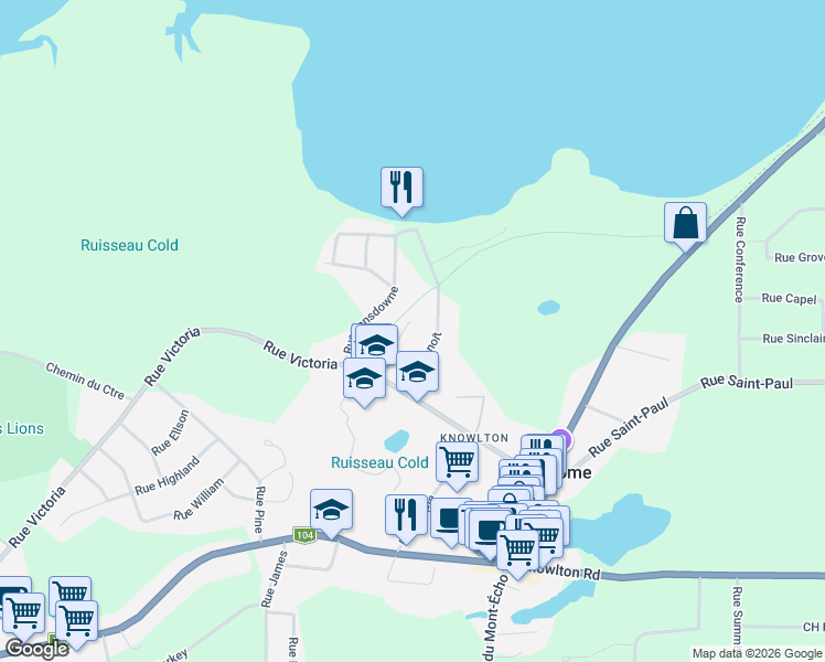 map of restaurants, bars, coffee shops, grocery stores, and more near 24 Rue Davignon in Knowlton