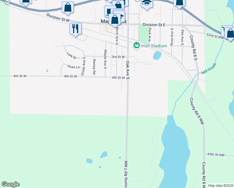 map of restaurants, bars, coffee shops, grocery stores, and more near 113 4th Street West in Maple Lake
