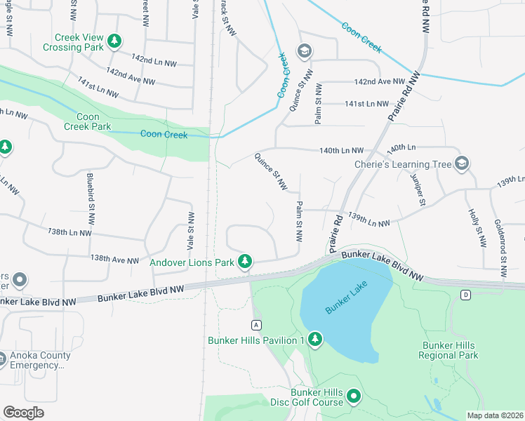 map of restaurants, bars, coffee shops, grocery stores, and more near 13982 Redwood Street Northwest in Andover