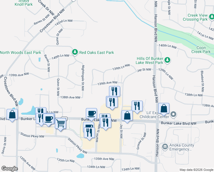 map of restaurants, bars, coffee shops, grocery stores, and more near 1899 139th Avenue Northwest in Andover