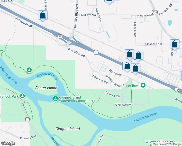 map of restaurants, bars, coffee shops, grocery stores, and more near 7120 139th Avenue Northwest in Ramsey