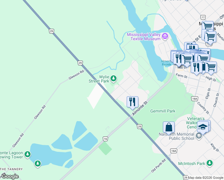 map of restaurants, bars, coffee shops, grocery stores, and more near 400 Wylie Street in Mississippi Mills