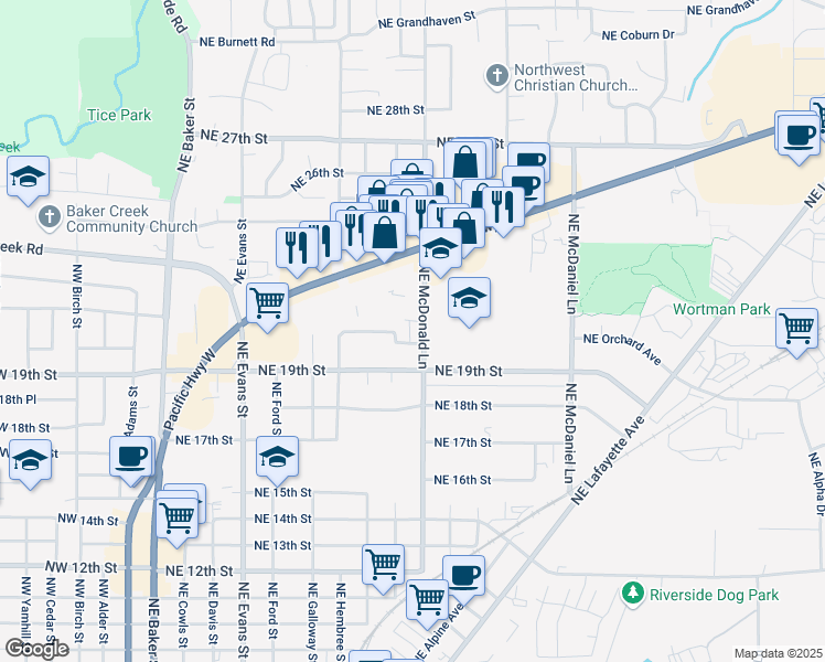 map of restaurants, bars, coffee shops, grocery stores, and more near 2019 Northeast McDonald Lane in McMinnville