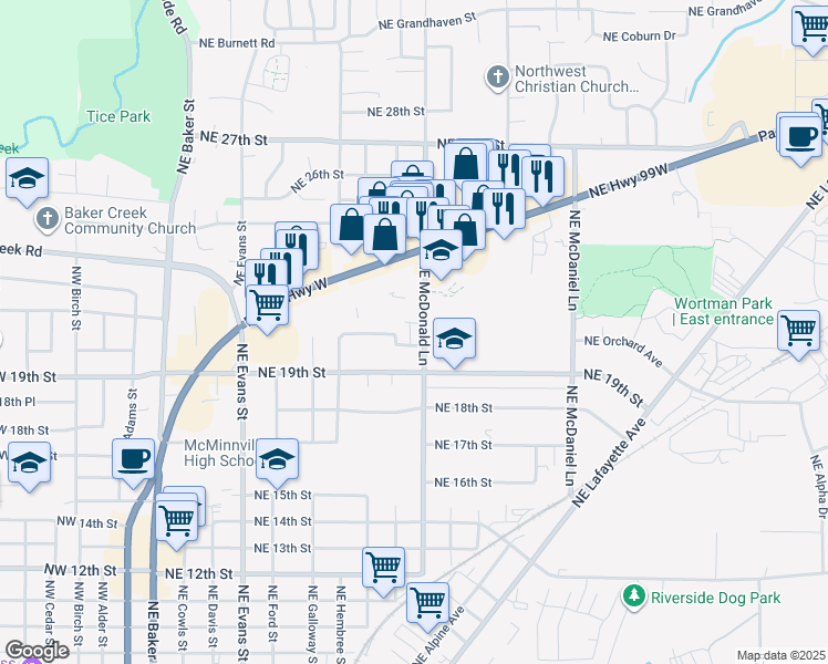 map of restaurants, bars, coffee shops, grocery stores, and more near 2045 Northeast McDonald Lane in McMinnville