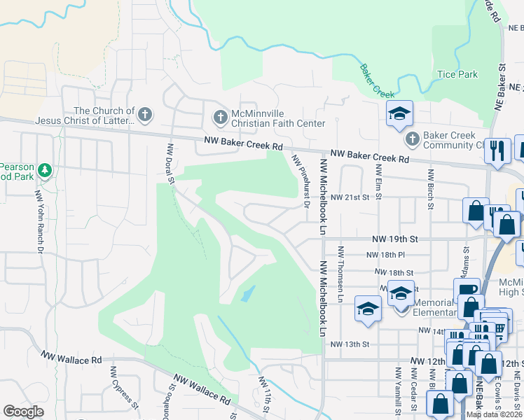 map of restaurants, bars, coffee shops, grocery stores, and more near 2143 Northwest Saint Andrews Drive in McMinnville