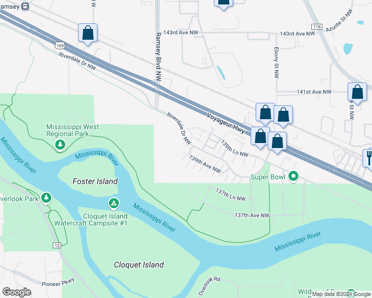 map of restaurants, bars, coffee shops, grocery stores, and more near 7120 139th Avenue Northwest in Ramsey