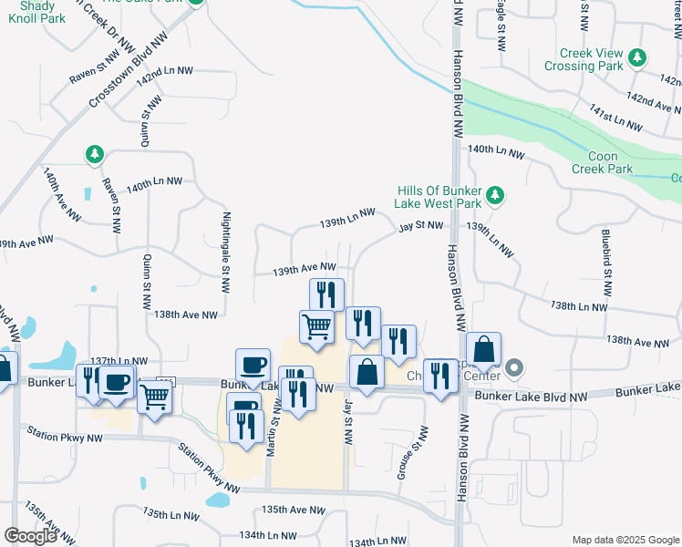 map of restaurants, bars, coffee shops, grocery stores, and more near 1814 139th Avenue Northwest in Andover