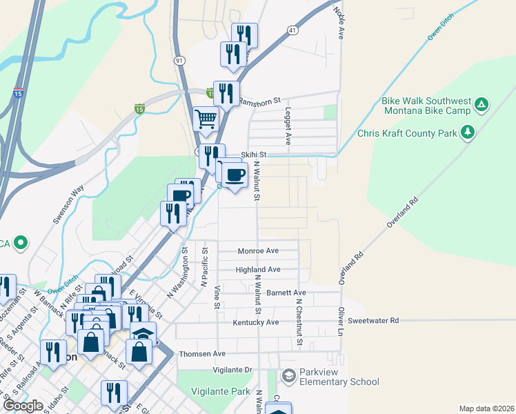 map of restaurants, bars, coffee shops, grocery stores, and more near Walnut St in Dillon