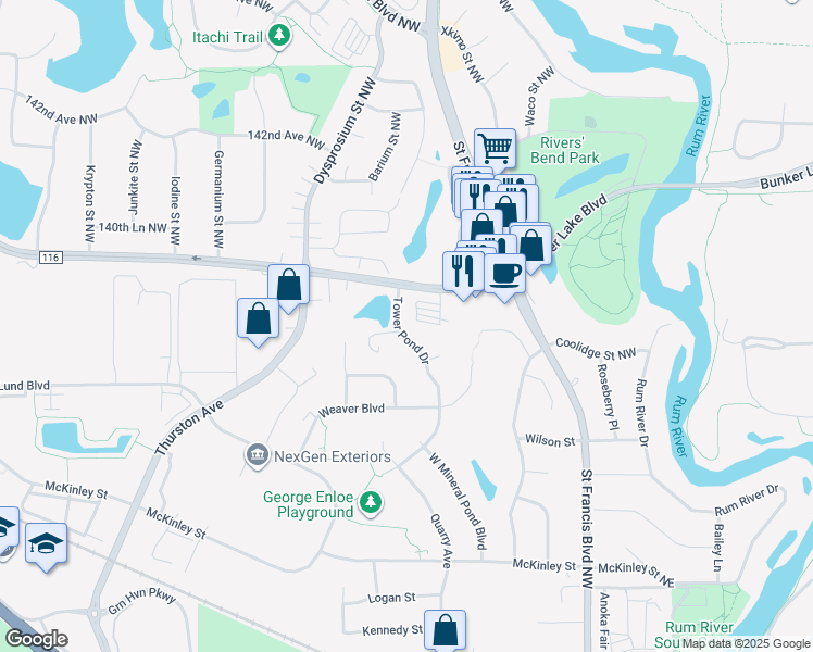 map of restaurants, bars, coffee shops, grocery stores, and more near 500 Bunker Lake Boulevard in Anoka