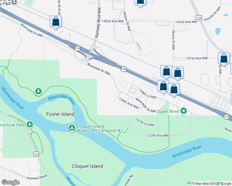 map of restaurants, bars, coffee shops, grocery stores, and more near 7120 139th Avenue Northwest in Ramsey