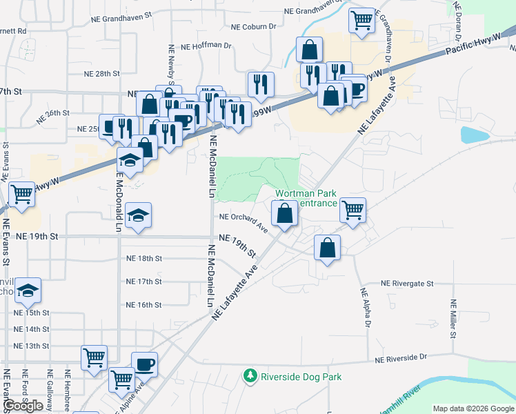 map of restaurants, bars, coffee shops, grocery stores, and more near 1904 Northeast Gibbs Circle in McMinnville