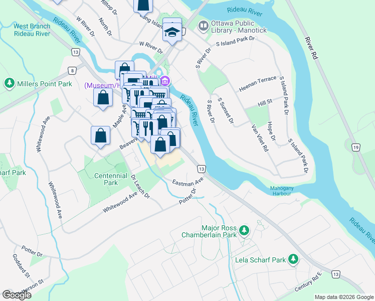 map of restaurants, bars, coffee shops, grocery stores, and more near 5583 Manotick Main Street in Ottawa
