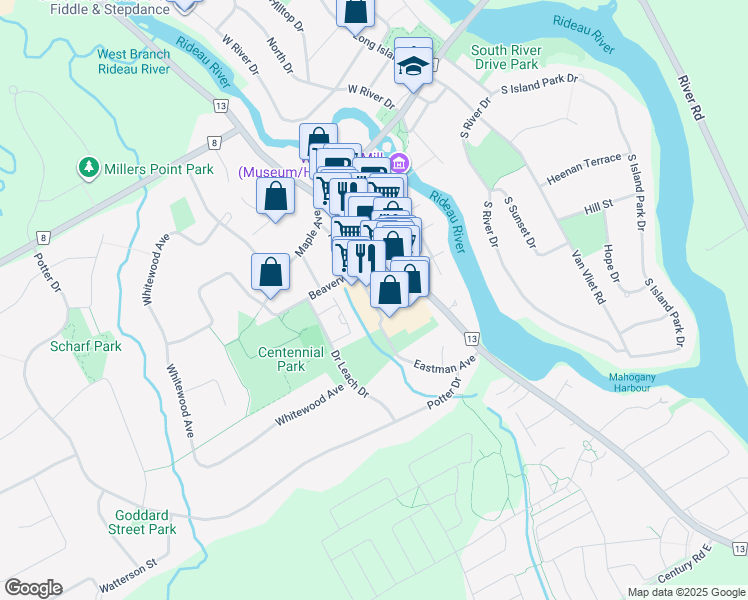 map of restaurants, bars, coffee shops, grocery stores, and more near Eastman Avenue in Ottawa