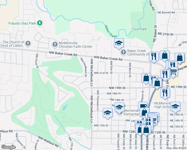 map of restaurants, bars, coffee shops, grocery stores, and more near 836 Northwest 21st Street in McMinnville