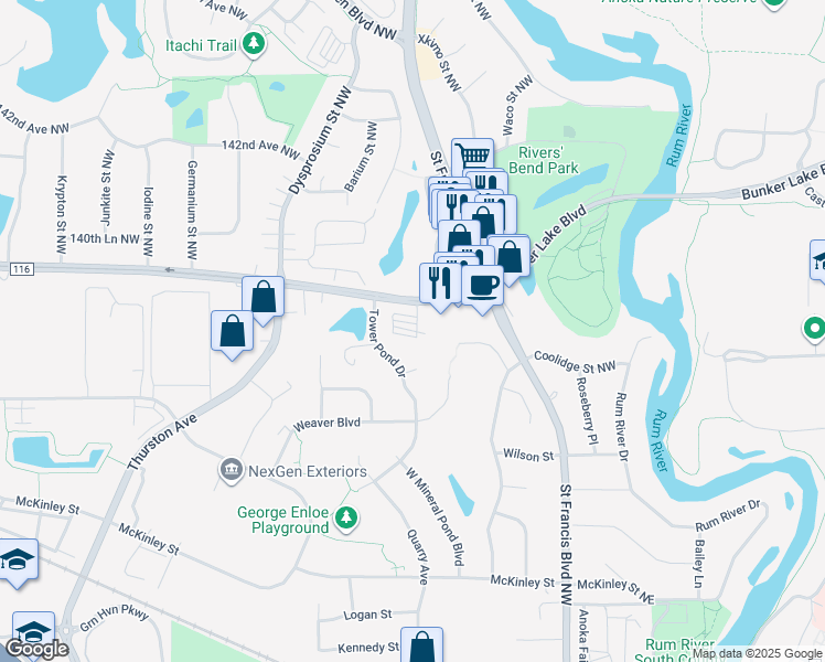 map of restaurants, bars, coffee shops, grocery stores, and more near 500 Bunker Lake Boulevard in Anoka
