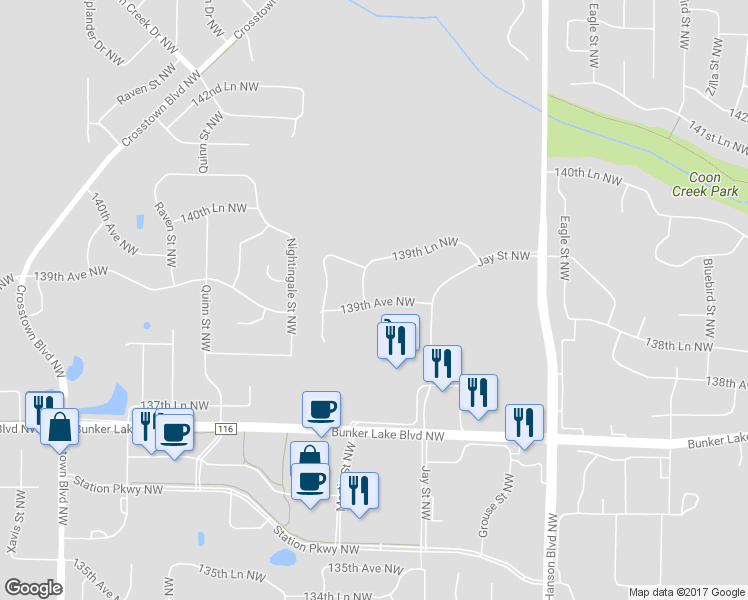 map of restaurants, bars, coffee shops, grocery stores, and more near 1899 139th Avenue Northwest in Andover