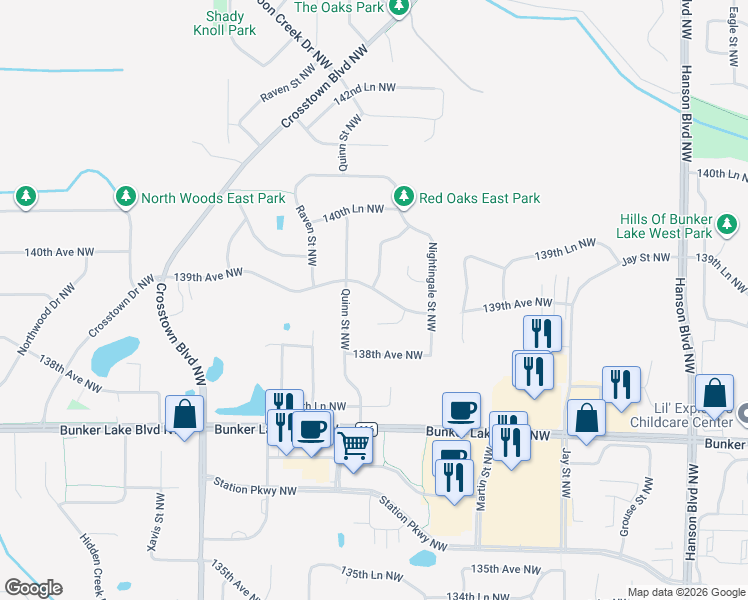 map of restaurants, bars, coffee shops, grocery stores, and more near 2116 139th Avenue Northwest in Andover